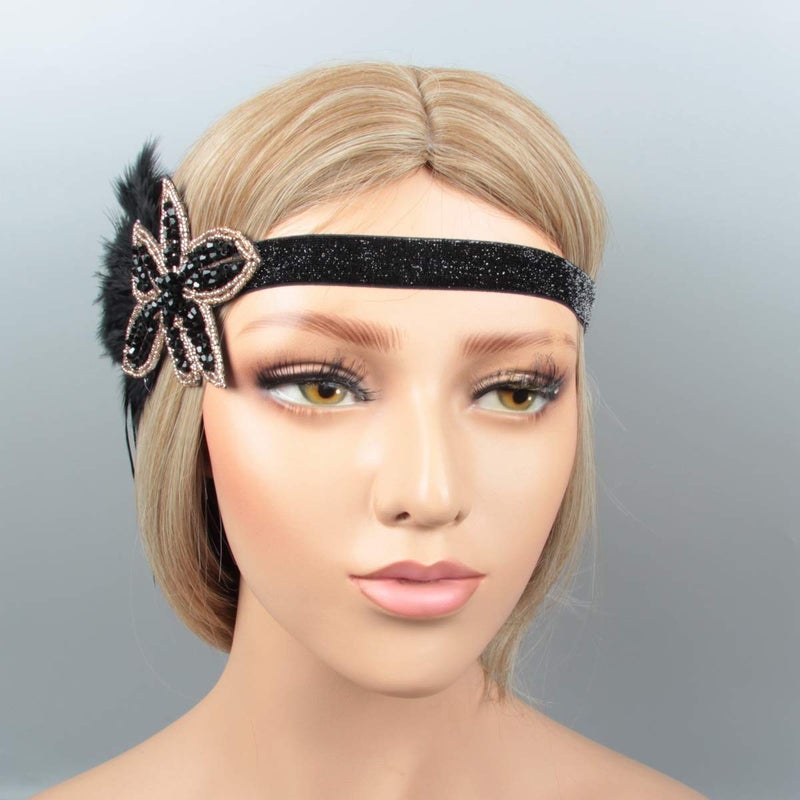 LOWOSAIWOR 1920s Headpiece For Women Flapper Headband For Girl Black 20s Headpiece for 20s Them Party(E Design) - Image 5